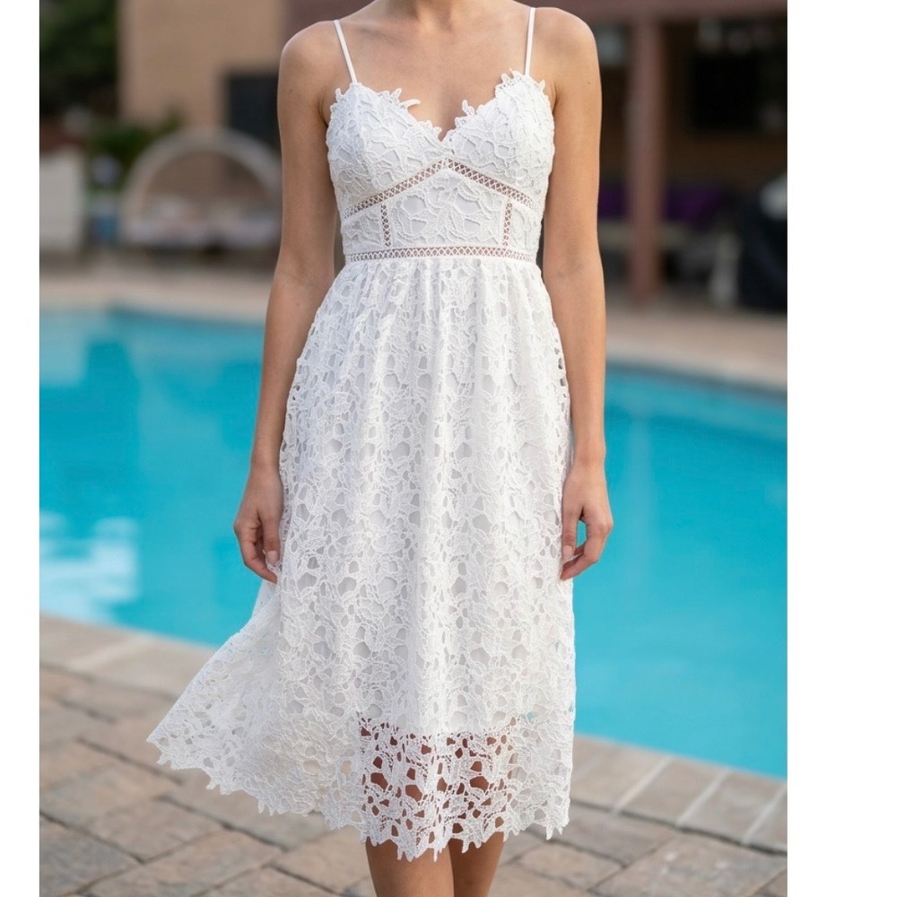 Petal & Pup White Lace Midi Dress Scalloped V-Neck Cutout Waist Bridal Shower S